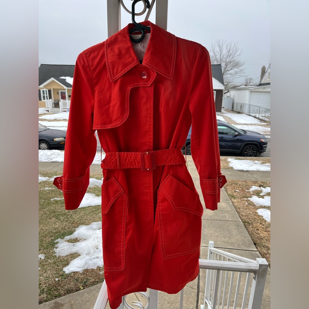 VTG Misty Harbor 60's Women's Orange White Trim Trench Coat, Pockets, Belt 8P